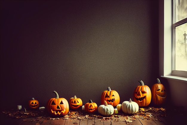 Pumpkins on wooden floor near window Orange pumpkins with faces for the Halloween holiday