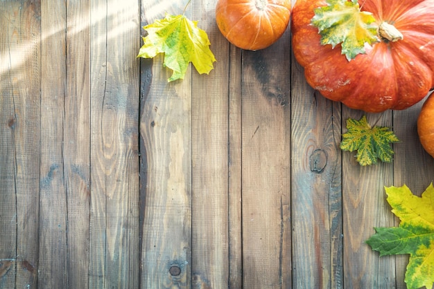 Pumpkins on wooden table