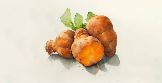 Puna yam. Watercolor on white paper background. Illustration of vegetables and greens