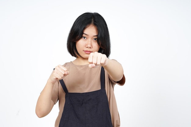 Punching fist to fight of Beautiful Asian Woman Isolated On White Background