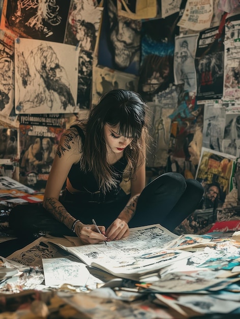 Photo punk artist creating zine in cluttered room filled with posters