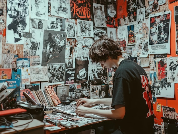 Photo punk artist creating zine in cluttered room filled with posters