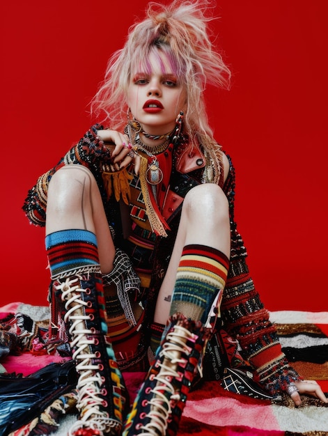 Photo punk female with piercings and tattoos in fashion editorial style