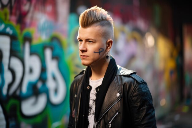 Punk Power portrait of a man with a mohawk and a black leather jacket posing in front of