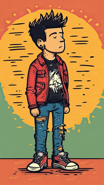 The punk rocker in ripped jeans and a vibrant jacket exudes coolness in a colorful setting