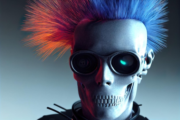 Punk skull with colorful hair cyberpunk concept Digital illustration