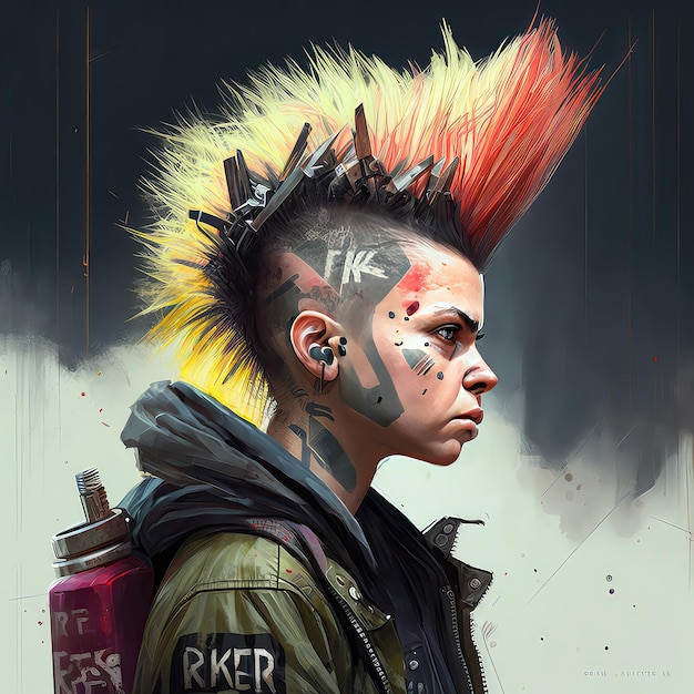 Punk with a multicolored mohawk Punk rock music grunge anarchy freedom of expression nonexistent person high resolution art generative artificial intelligence