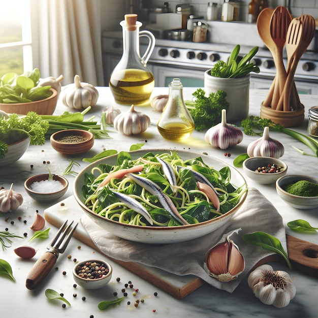 Puntarelle Salad with Anchovy on Marble Countertop