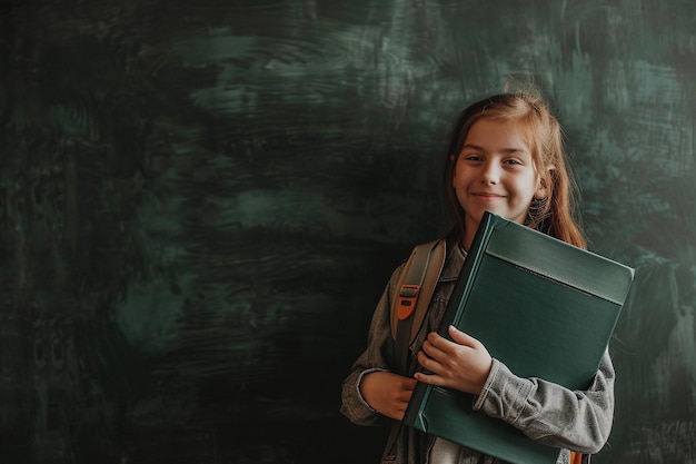 Photo pupil at lesson against black blackboard background happy and smiling schoolgirl in classroom back to school study and education in elementary school concept copy space for text