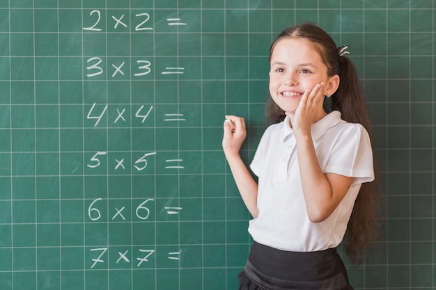 Pupil standing near blackboard with calculations