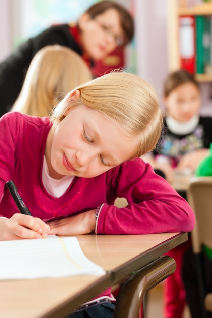 Pupils and teacher learning at school