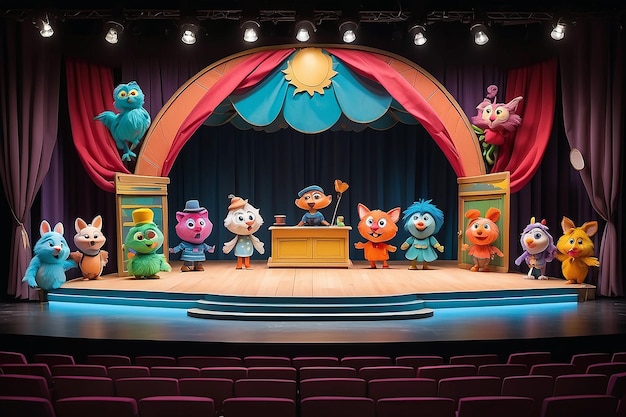 Photo puppet palooza colorful characters await on cartoon stage