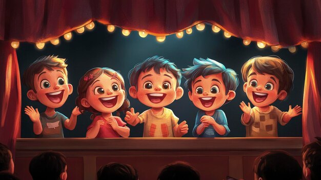 Photo puppet theater where kids are laughing and clapping during the show bright daylight entertaining and interactive atmosphere