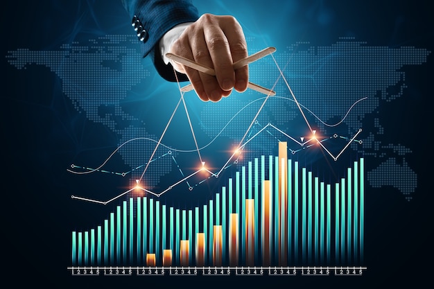 The puppeteer's male hand manipulates financial charts, business indicators. The concept of shadow government, world conspiracy, manipulation, control.