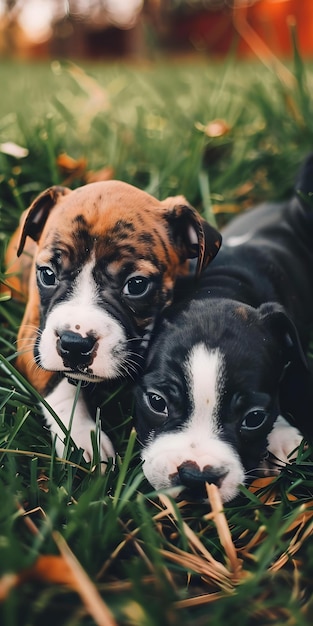 Puppies Frolicking in Field