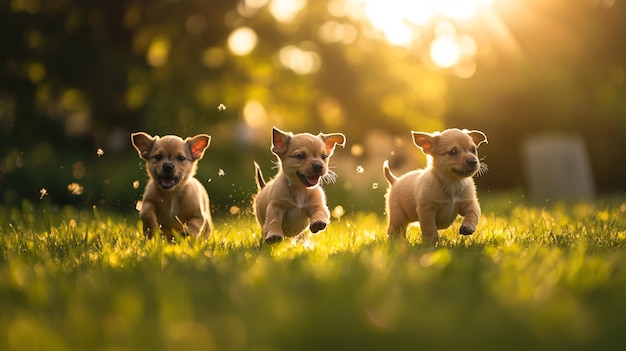 puppies in the grass at sunset