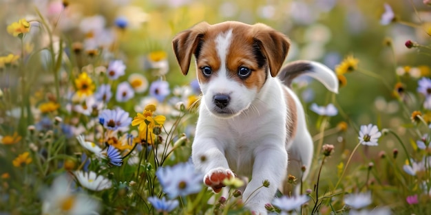 Puppies joyfully playing in field of wildflowers tails wagging eyes sparkling Concept Puppies Playful Wildflowers Joy Nature