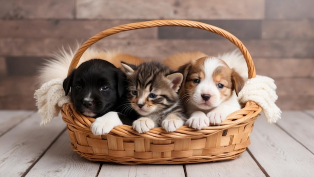 Puppies and Kittens Cuddling in a Basket