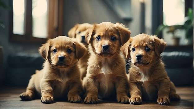 puppies looking at the camera with their heads together