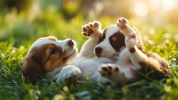 Photo puppies playing in the grass with sun shining behind them