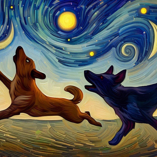 puppies playing with ball abstract art illustration