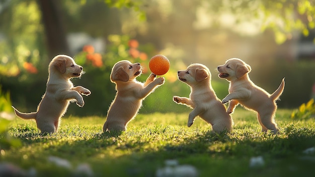 Photo puppies playing with an orange ball in the grass