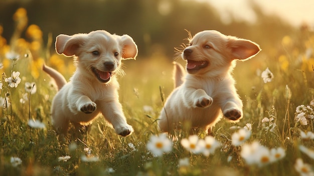 puppies running in a field of flowers