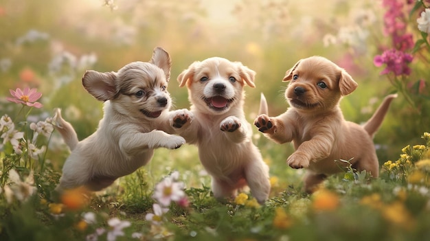 puppies running in a field of flowers