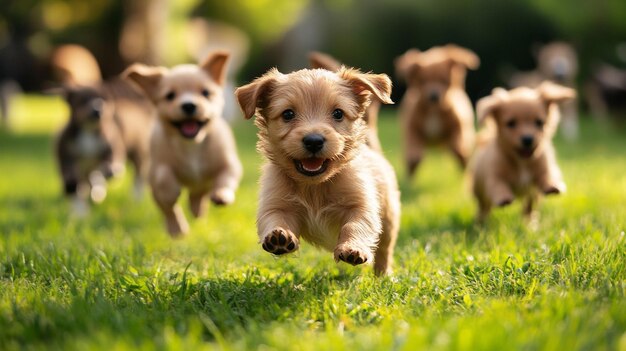 puppies running in a field with one of them running