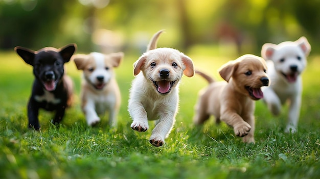 puppies running in a field with one of them running