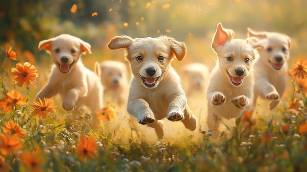 puppies running in a field with the sun behind them