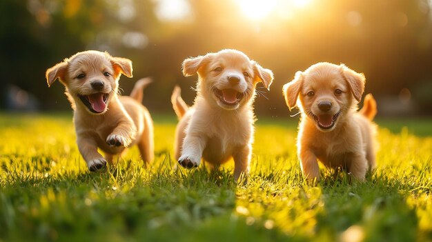 puppies running in a field with the sun behind them