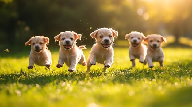 Photo puppies running in a field with the sun behind them