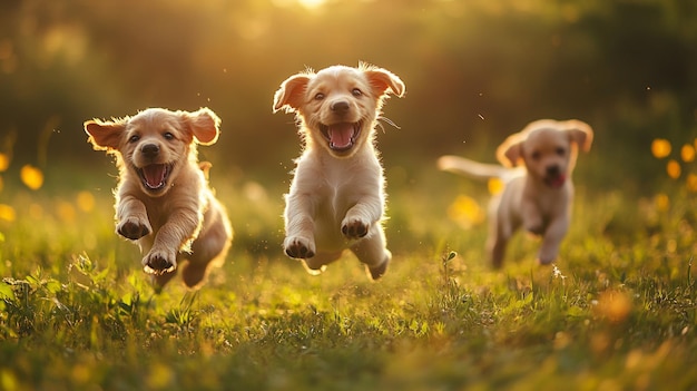 Photo puppies running in a field with the sun behind them