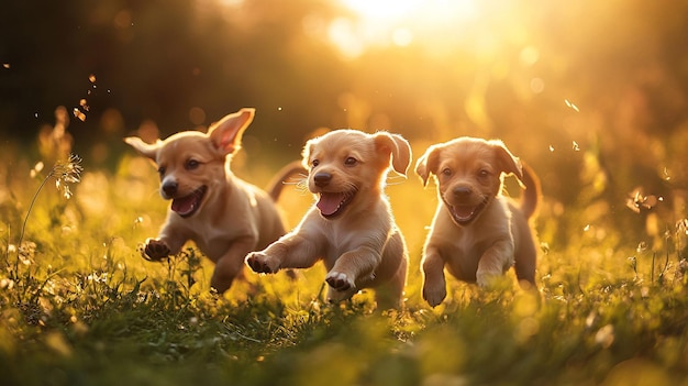 puppies running in a field with the sun behind them