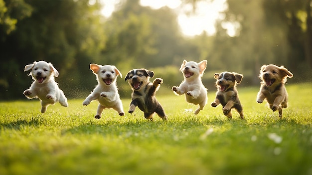 puppies running in a field with their mouths open