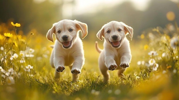 puppies running in the grass one of which is running