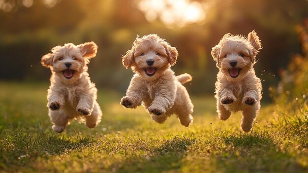 Photo puppies running in the grass with their mouth open