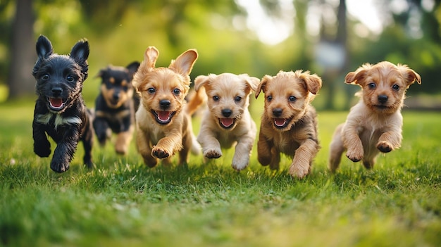 puppies running in a line in the grass