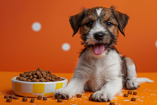 a puppy and a bowl of dog food with a bowl of dog food