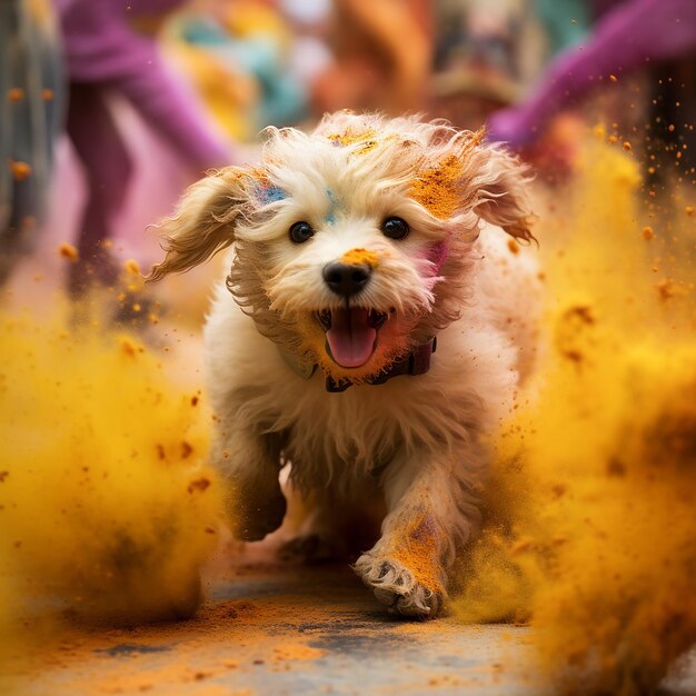 Photo a puppy covered in colorful powder runs happily