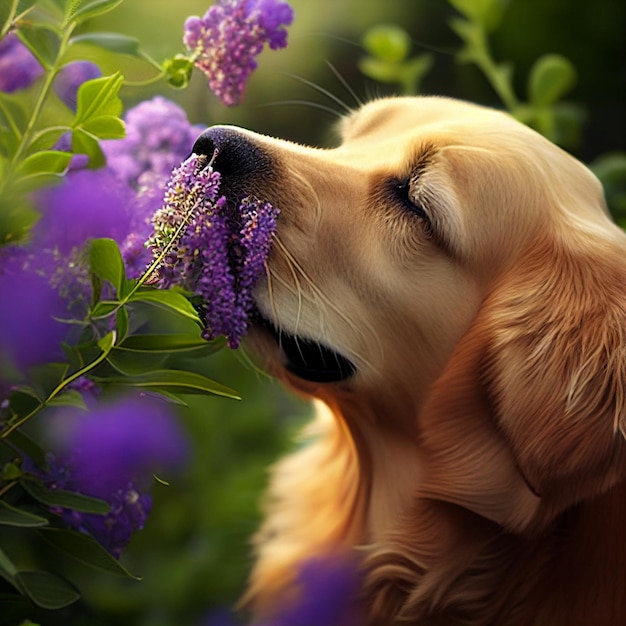 Puppy dog in a flowery field with purple flowers generative ai