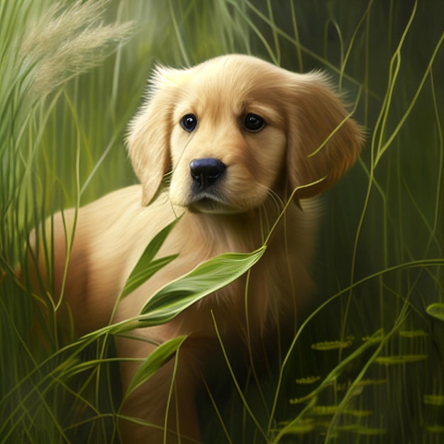 Puppy dog in the grass with a leafy green background generative ai