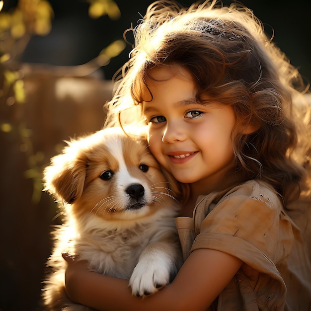 Photo puppy dog and kids heartwarming bond and joyful moments