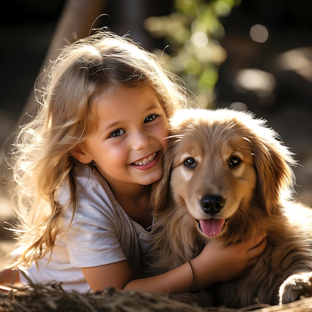 Photo puppy dog and kids heartwarming bond and joyful moments