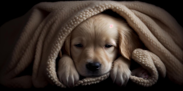 Puppy dog laying down on a blanket with his head generative ai