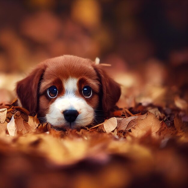 Photo puppy dog lying in autumn leaves forest 3d rendering