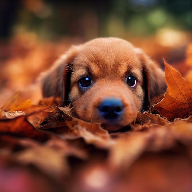 Photo puppy dog lying in autumn leaves forest 3d rendering