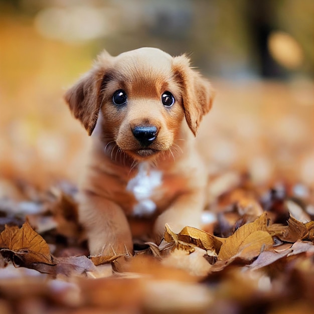 Puppy dog lying in autumn leaves forest 3d rendering