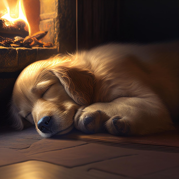 Puppy dog sleeping in front of a fireplace with fire place generative ai